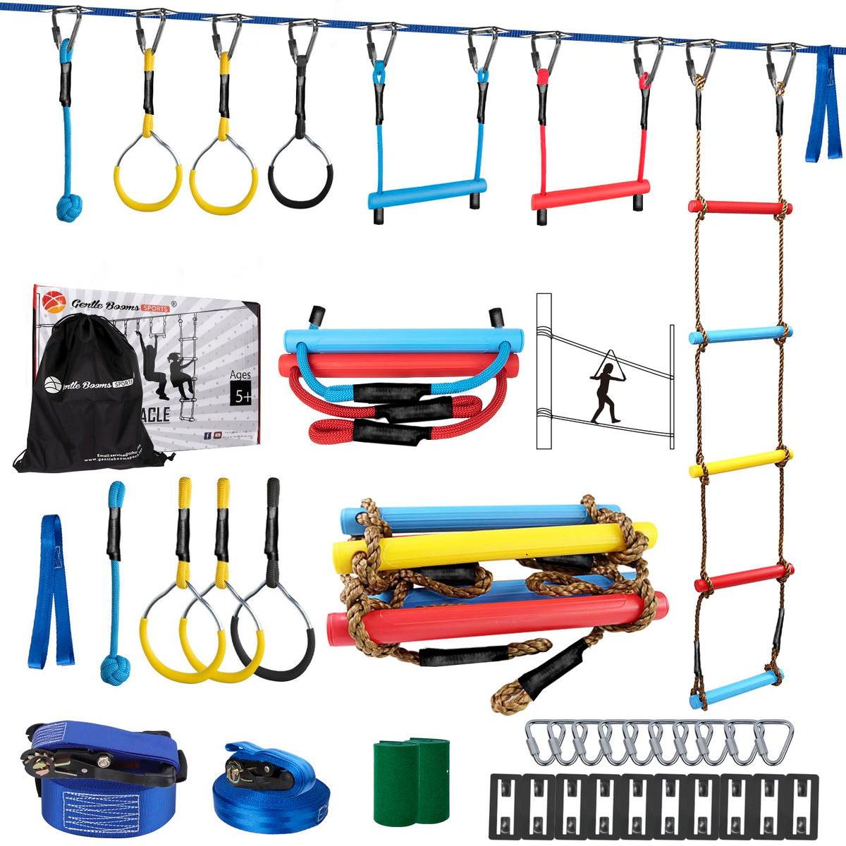 Ninja Warrior Obstacle Course for Kids - 2*56FT Slackline Kit with 8 Obstacles | Upgraded Quick-Install Buckles (No Threading Needed), 900lbs Max Load Backyard Training Gear