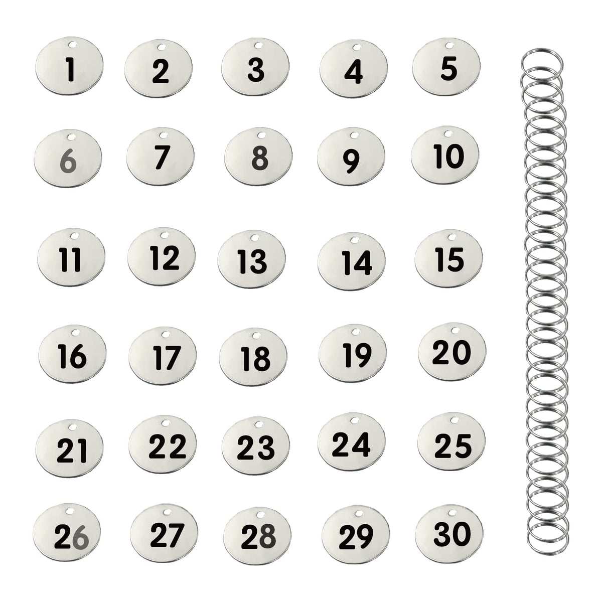 Stainless Steel Numbered Tags, Round Metal Key Tags ID Tags with Rings (1-30)