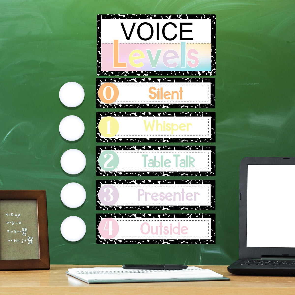 Glooglitter 5 Pcs School Magnetic Voice Level Chart Poster and Push Light Composition Notebook Classroom Decor LED Tap Light Noise Voice Level Sign for Classroom Teachers Back to School Supplies