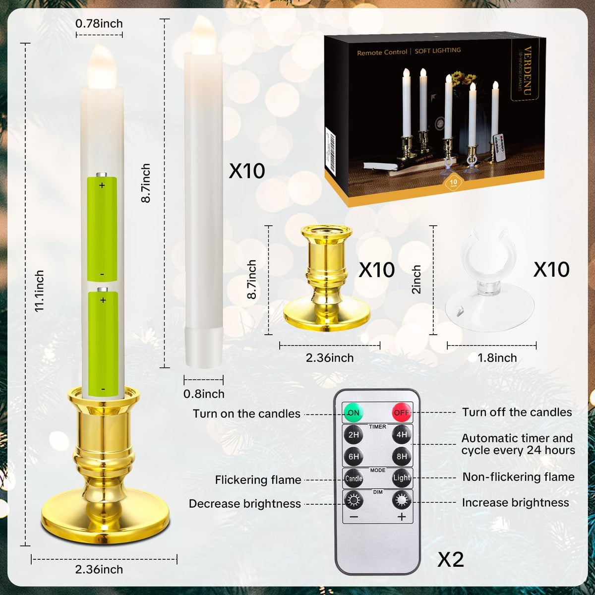 Verdenu 10 Pack Christmas Window Candles, Battery Operated Window Candles with Remote Timer, Electric LED Flameless Candle with Holders/Suction Cups for Window Decor, Gold