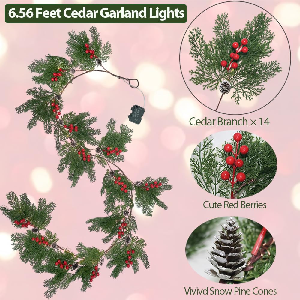 2025 New 6.56FT Christmas Garland Lights with 96 LED 8 Flash Modes Battery Operated Cypress Garland with Timer Lighted Xmas Pine Garland Christmas Decor for Mantle Fireplace Table Stairs Holiday