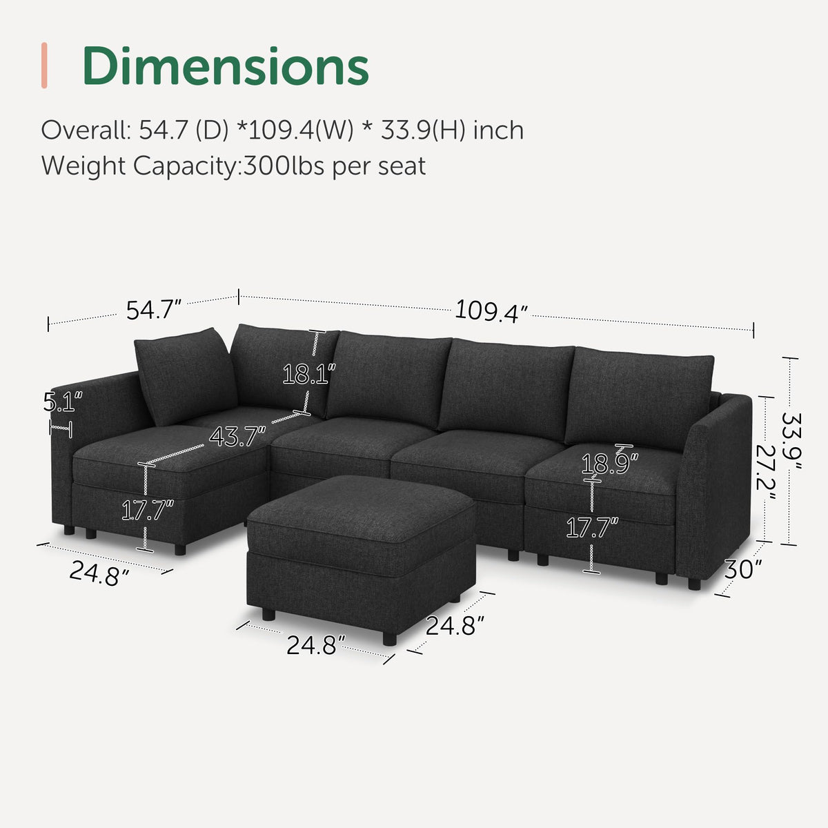 HONBAY Modular Sectional Couch L Shaped Sectional Sofa with Storage, Convertible Couches for Living Room - Linen Grey