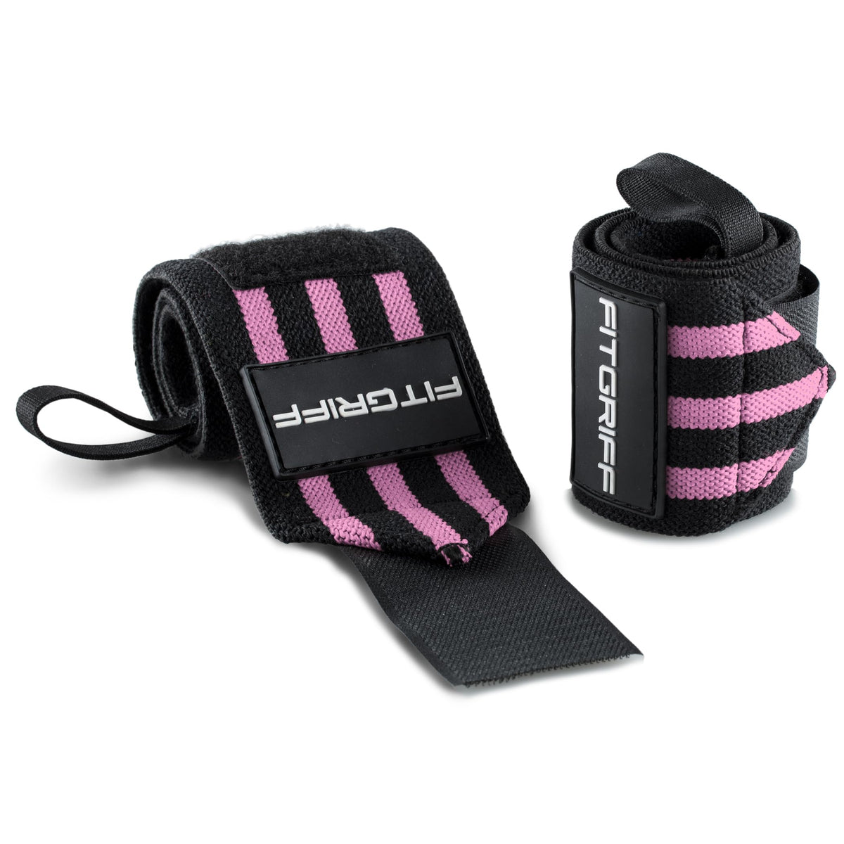 Fitgriff® Wrist Wraps for Weightlifting (18") Heavy-Duty Support for Gym, Bench Press, and Pushups (1 Pair) - for Men and Women (Black/Pink)