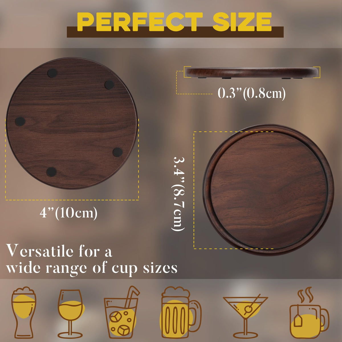Wood Coasters with Metal Holder, GOH DODD Set of 6 Walnut Wooden Coaster Tabletop Protection for Drinks Coffee Table Home Kitchen Office Bar Living Room Decor Housewarming Gifts Wedding Party, 4 Inch