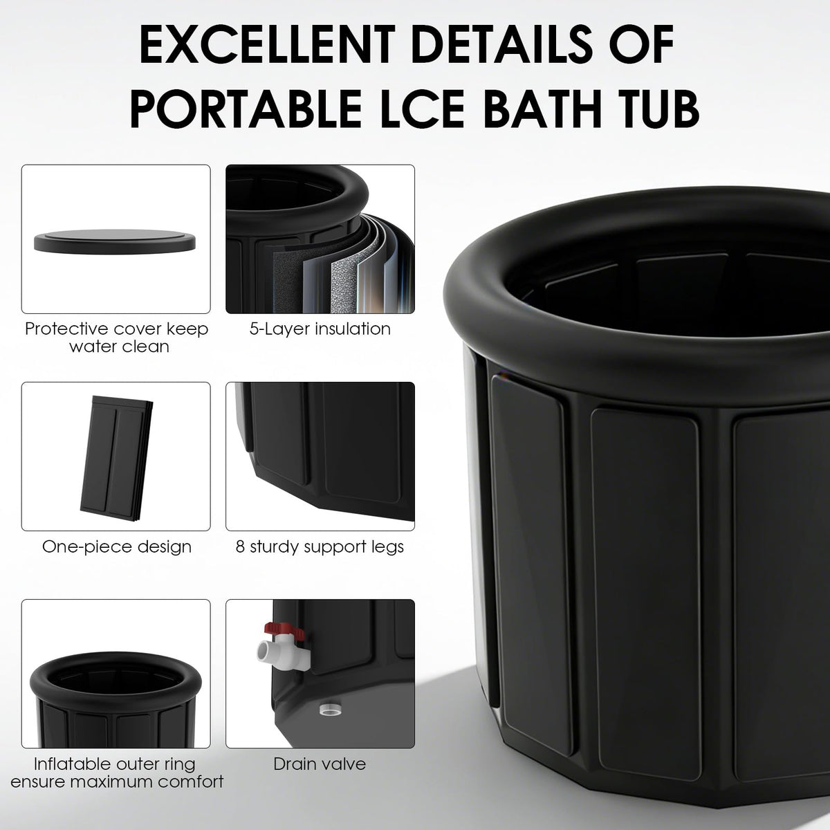 Ice Bath Tub for Athletes - Extra Large Cold Plunge Tub for Muscle Recovery & Cold Water Therapy, Portable Multi-Layer Ice Bath for Home, Gym, Backyard, Spa, Indoor & Outdoor Use (Black, 30X31.5 IN)