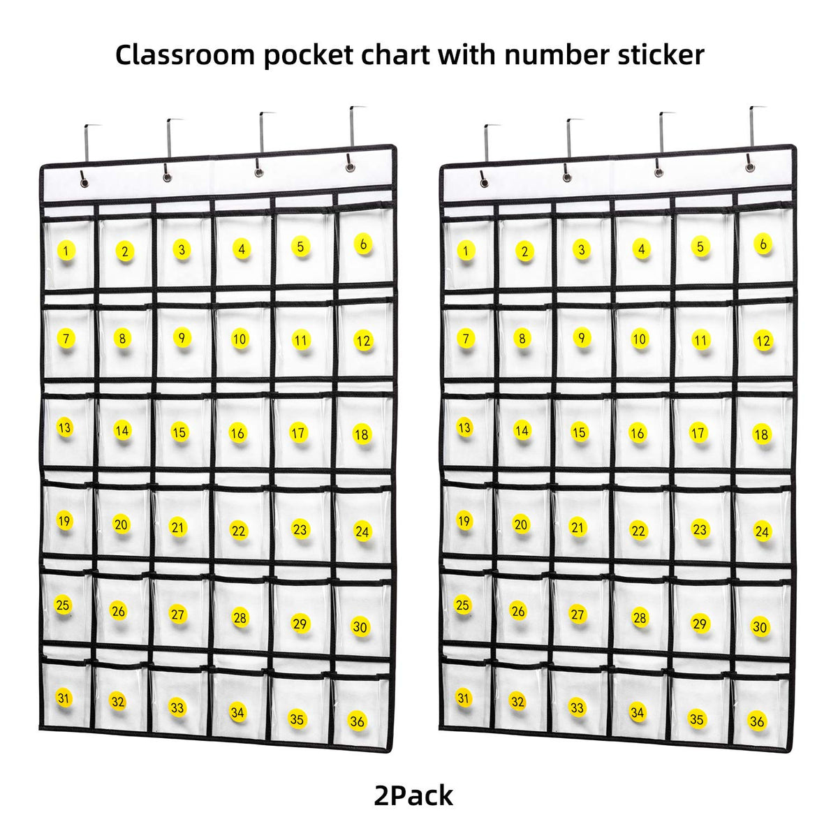 SAVERHO 2 Pack 36 Pockets Classroom Pocket Chart for Cell Phone Calculator Holder,Clear Pocket Chart Organizer for Classroom Cellphone Storage with 36 Number Sticker Size:38.5x25.7 Inch (White-2pack)