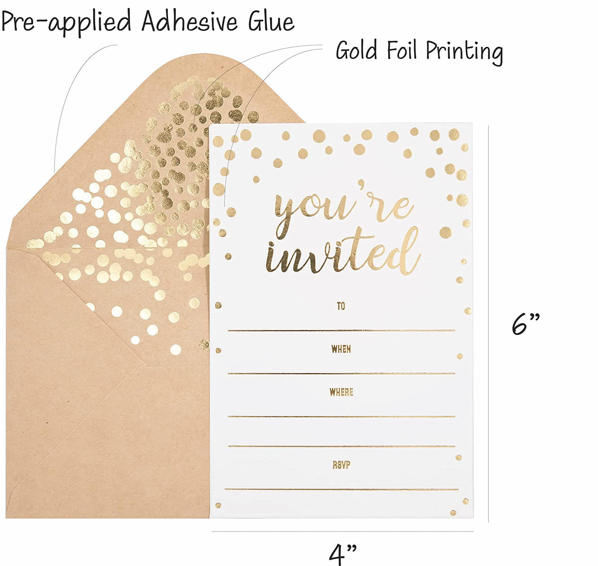 50 Pack Invitation Card - Elegant Greeting Cards ‘’You are Invited’’ in Gold Foil Letters – for Wedding, Bridal Shower, Baby Shower, Birthday Invitations - 52 Kraft Envelopes Included - 4" x 6"