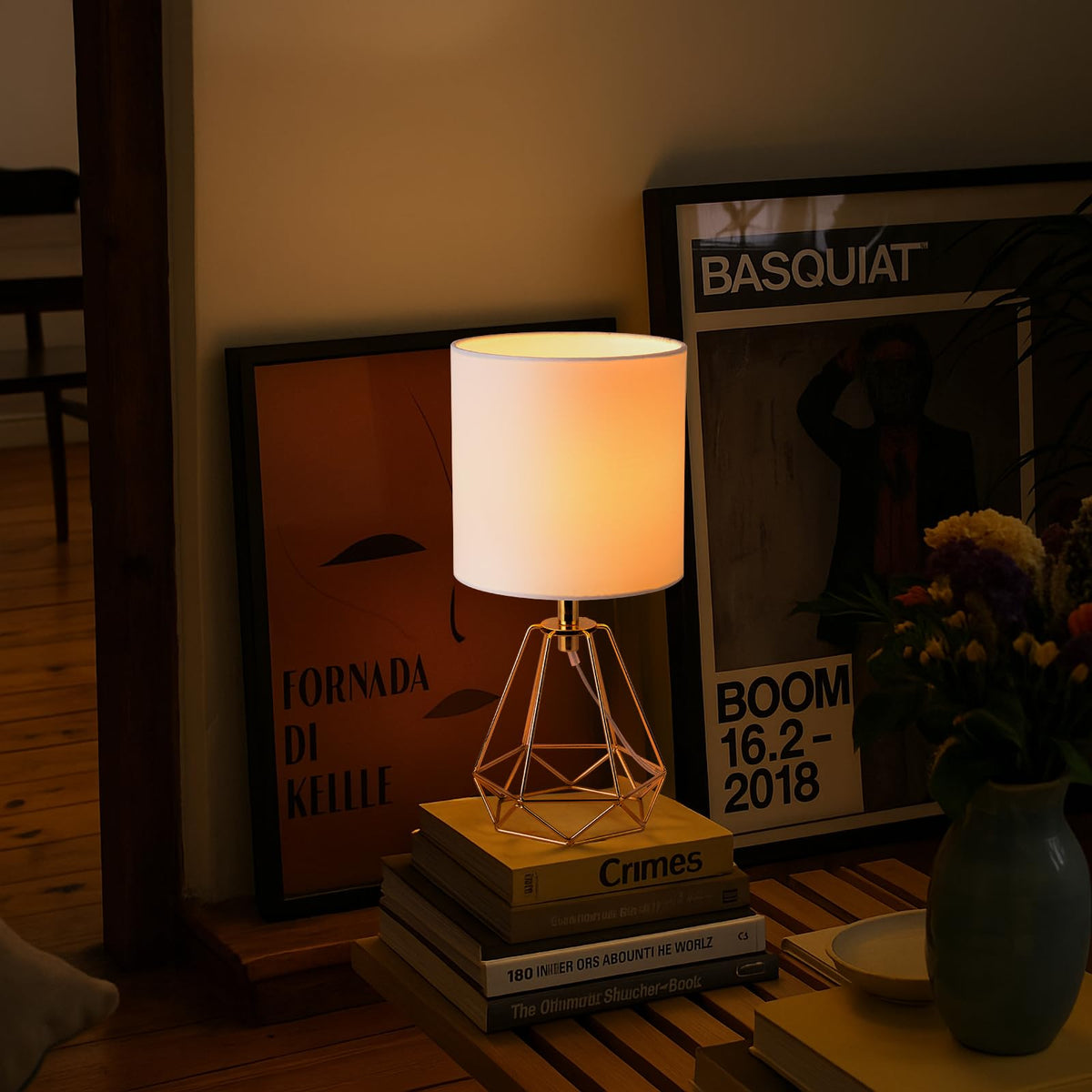 Fengarolam Modern Golden Metal Table Lamp,14" Small Bedside Lamp with Hollowed Out Metal Base & White Fabric Shade,E26 Nightstand Desk Lamp for Bedroom,End Table,Living Room&Room Decor