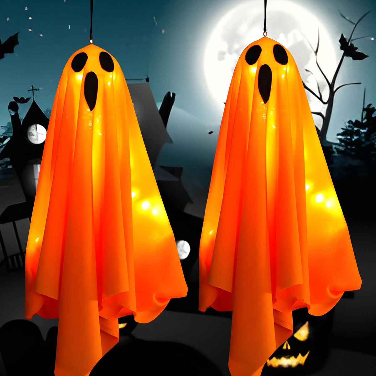 Halloween Light-up Ghost Decorations,Halloween Hanging Flying Ghosts with String Lights,Battery Operated Light up Spooky Ghosts Ornaments for Front Yard, Patio, Lawn, Garden, Party, 19.6 Inch, 2 Pack