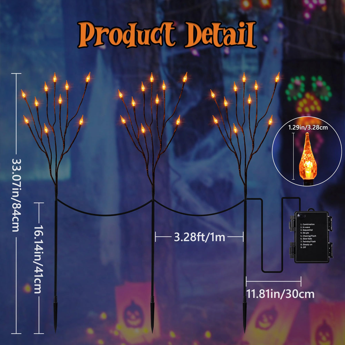 Brizled Halloween Pathway Lights, 7.54ft 3 Pack Candle Flame Orange Lights Outdoor with Timer, Battery Powered Halloween Light Waterproof Spooky Path Light for Path Yard Walkway Garden Thanksgiving