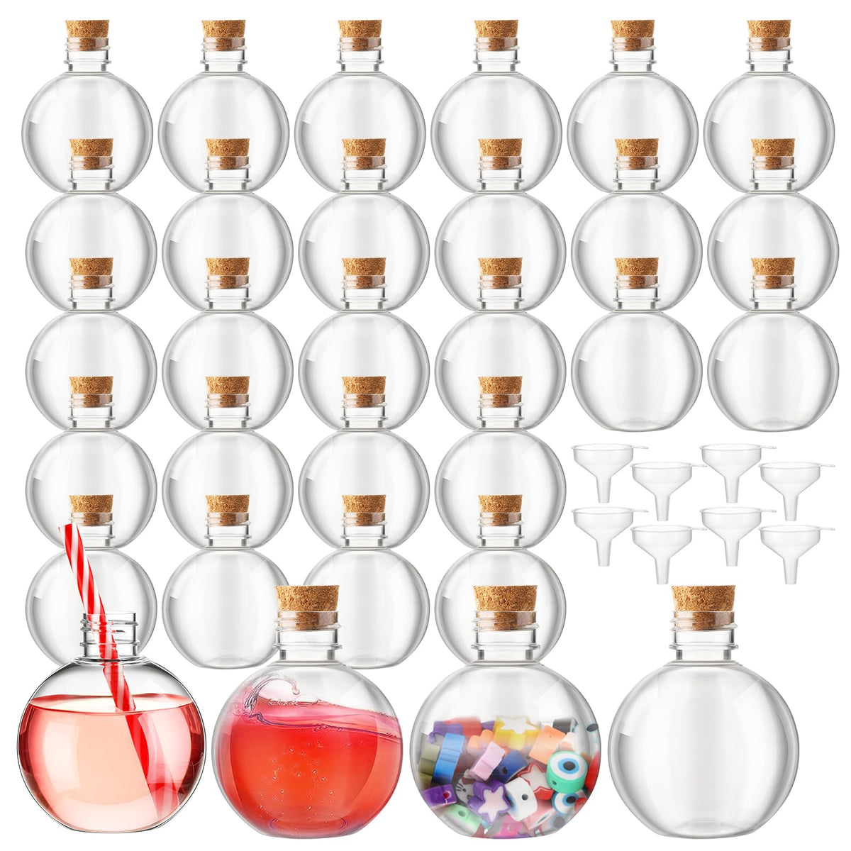Jinei 30 Packs 8 oz Spherical Plastic Potion Bottles Ball Shape Sand Bottles Clear Plastic Cocktail Ornament Balls with Funnels for DIY Wedding Party Gift Crafts Decoration(Cork,Wooden)