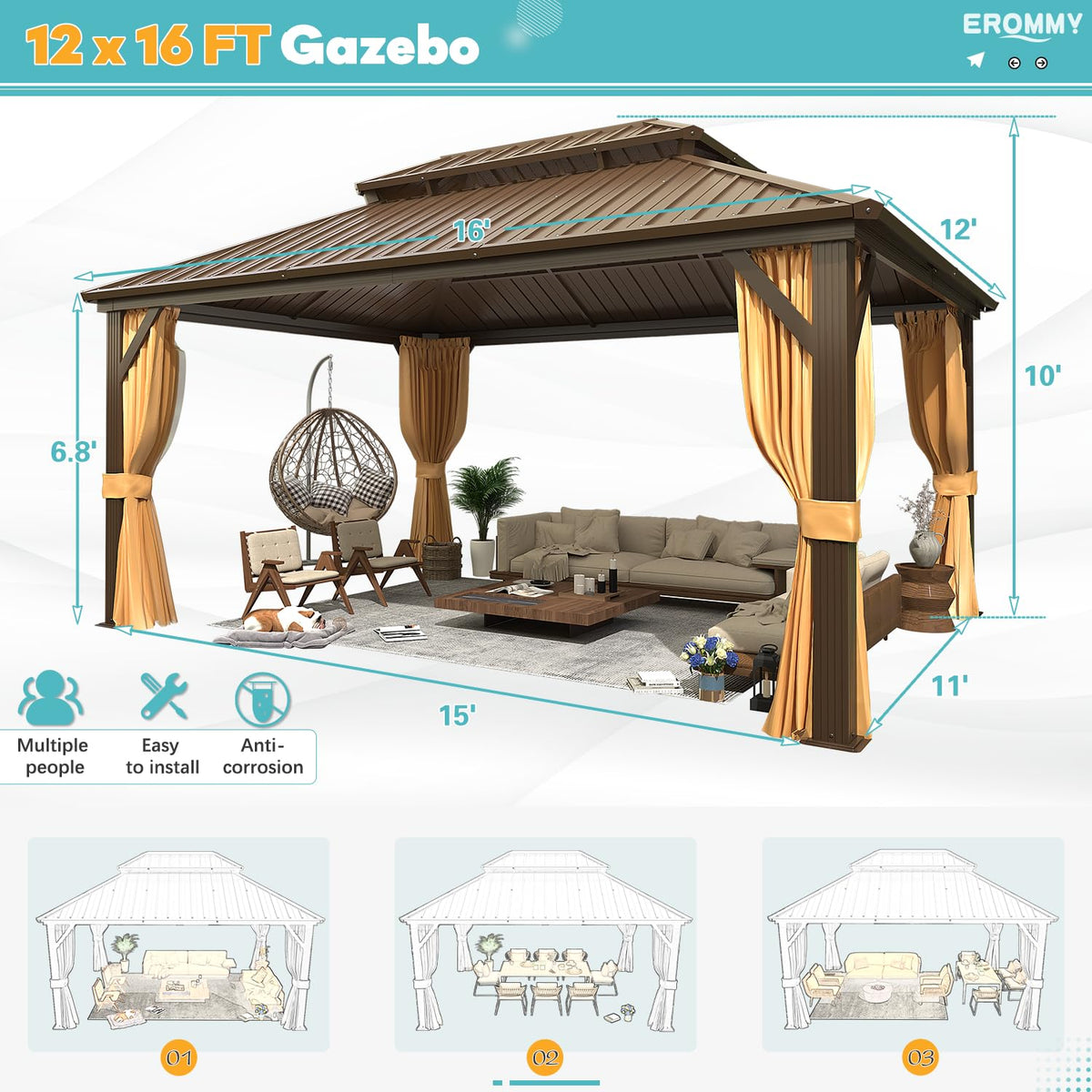 EROMMY 12' x 16' Hardtop Gazebo, Aluminum Frame Gazebos with Galvanized Steel Double Roof, Permanent Outdoor Metal Pavilion with Curtain and Netting for Patio, Lawn, Deck