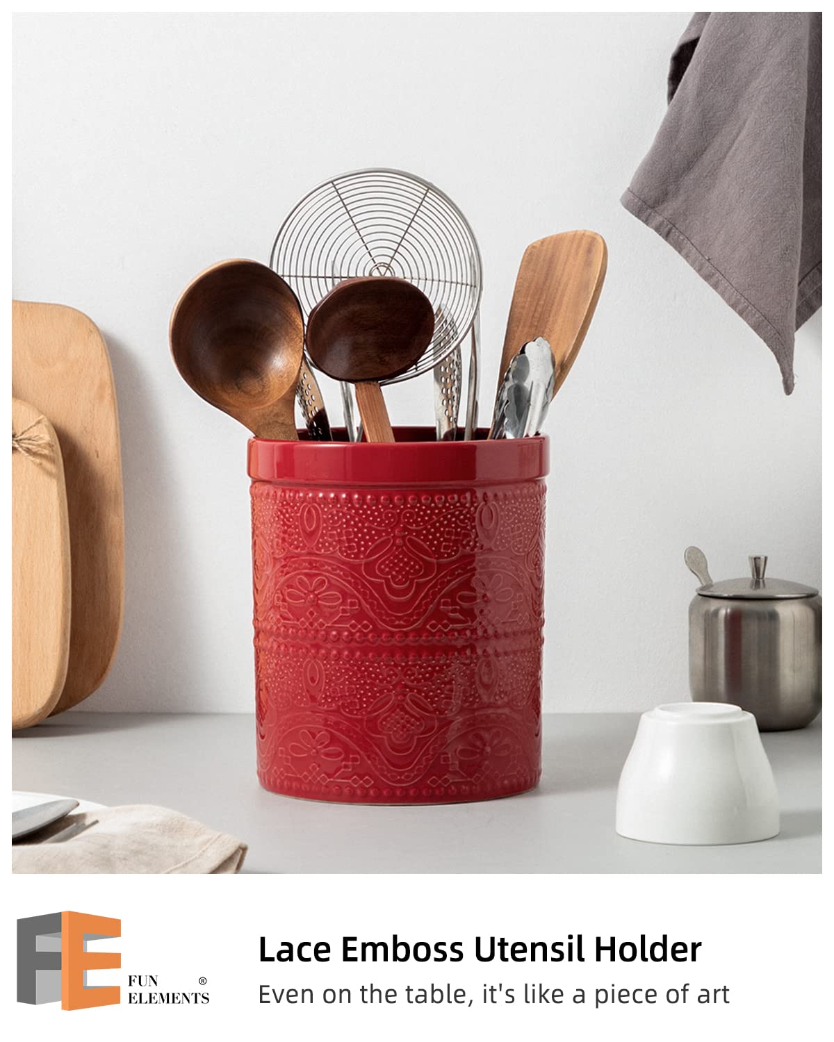 FUN ELEMENTS Kitchen Utensil Holder, 7.2" Super Large Utensil Crock Heavy and Stable Lace Emboss Ceramic Utensil Holder for Kitchen Counter (Christmas Red)