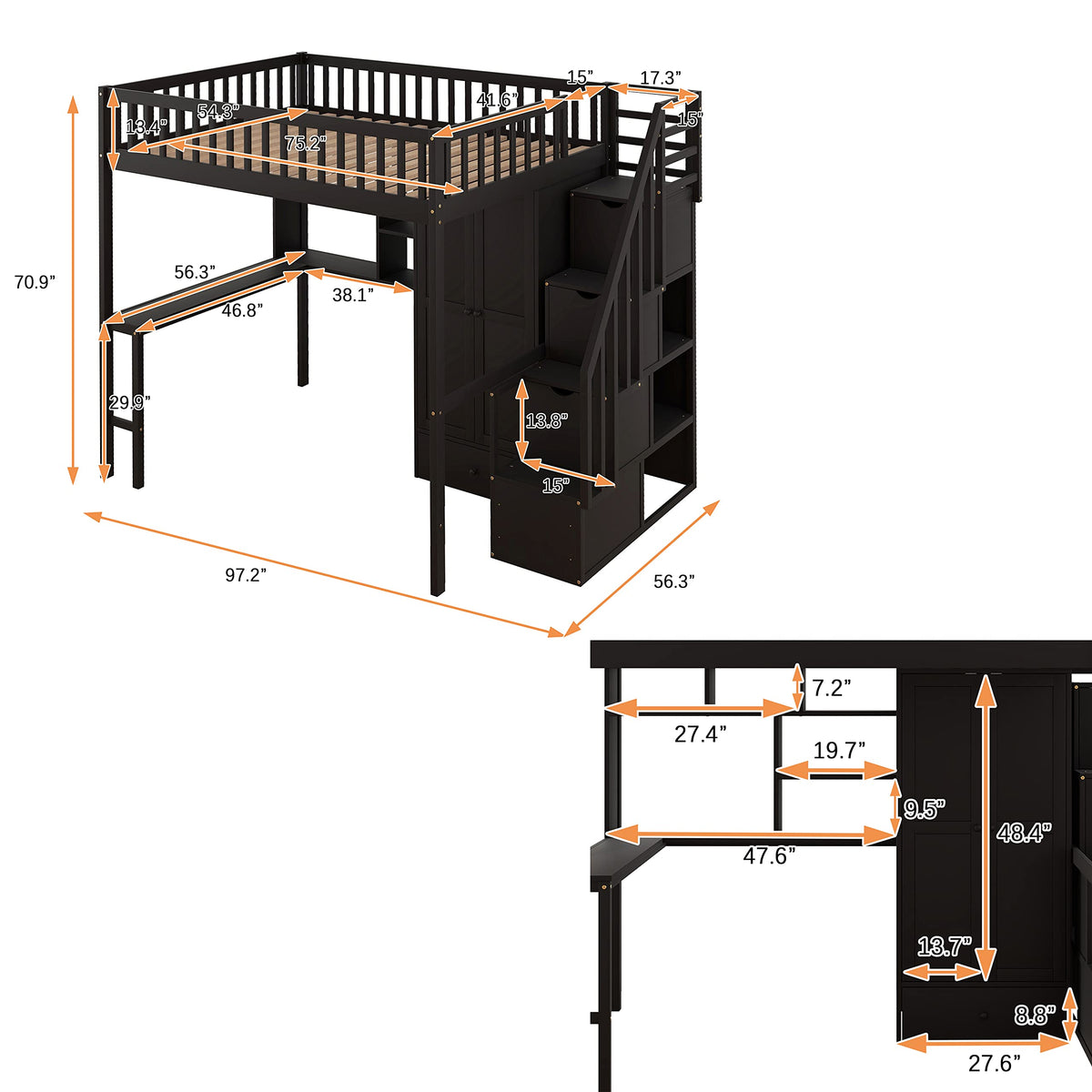Full Size Loft Beds Stairway Loft Bed Frame with Wardrobe, Desk, Bookcase and Drawers, Espresso