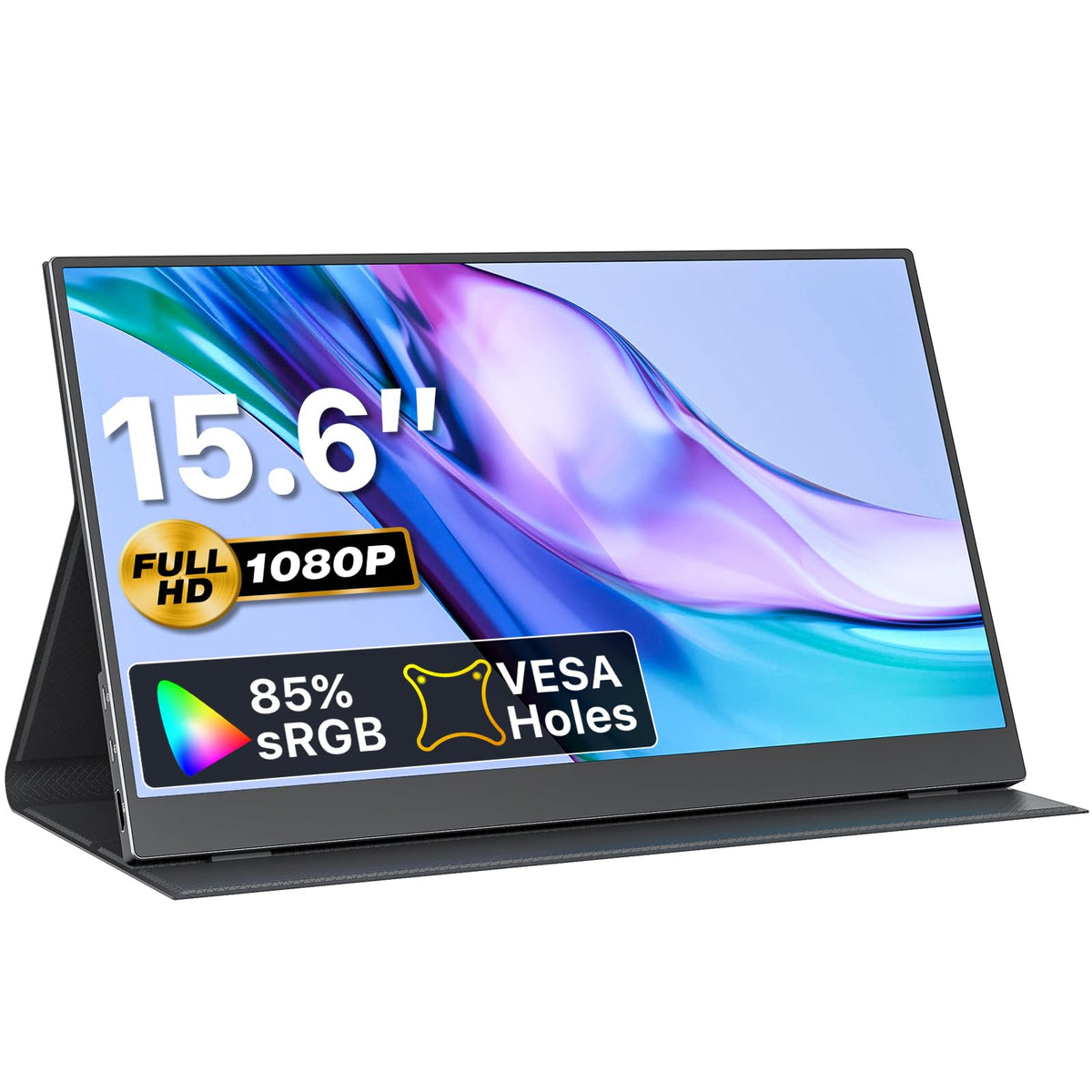 VisionOwl Portable Monitor 15.6 Inch 1080P FHD 85% sRGB Second Screen, USB-C HDMI HDR FreeSync Travel Monitor for Laptop MacBook PC PS5 Xbox, VESA Mountable, with Speakers, Cover Stand, Black