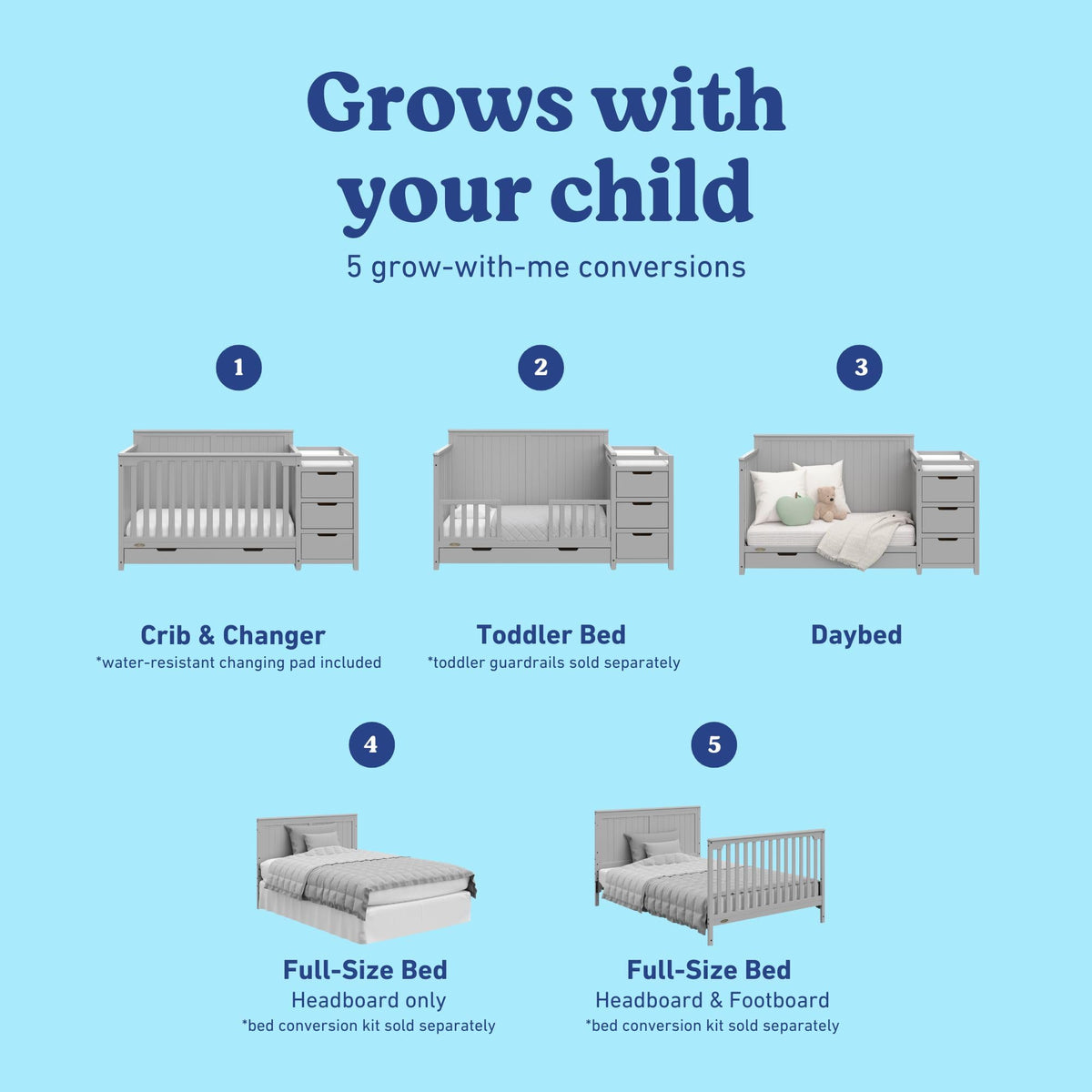 Graco Hadley 5-in-1 Convertible Crib & Changer – GREENGUARD Gold Certified, Fits Standard Crib Mattress, Converts to Toddler Bed and Full Bed, 4 Adjustable Mattress Heights (Pebble Gray)