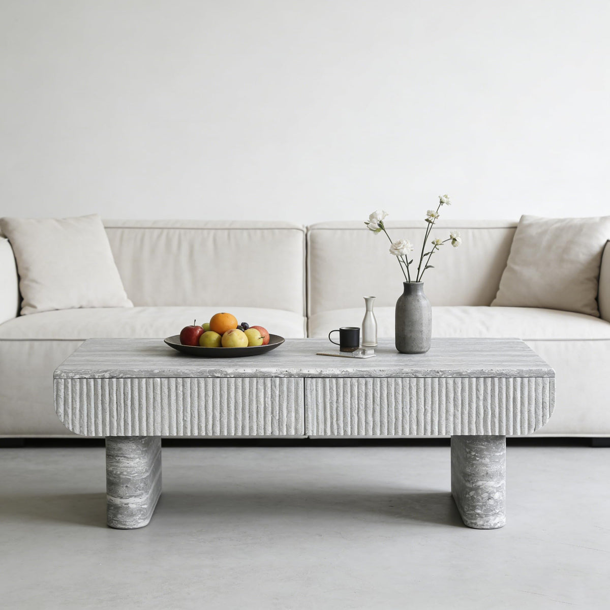 KEIKI 47" Coffee Table with Fluted Drawer, Oval Wood Coffee Table with Faux Marble Tabletop for Living Room or Office, Stylish Accent Table for Apartment or Studio, Beige Gray