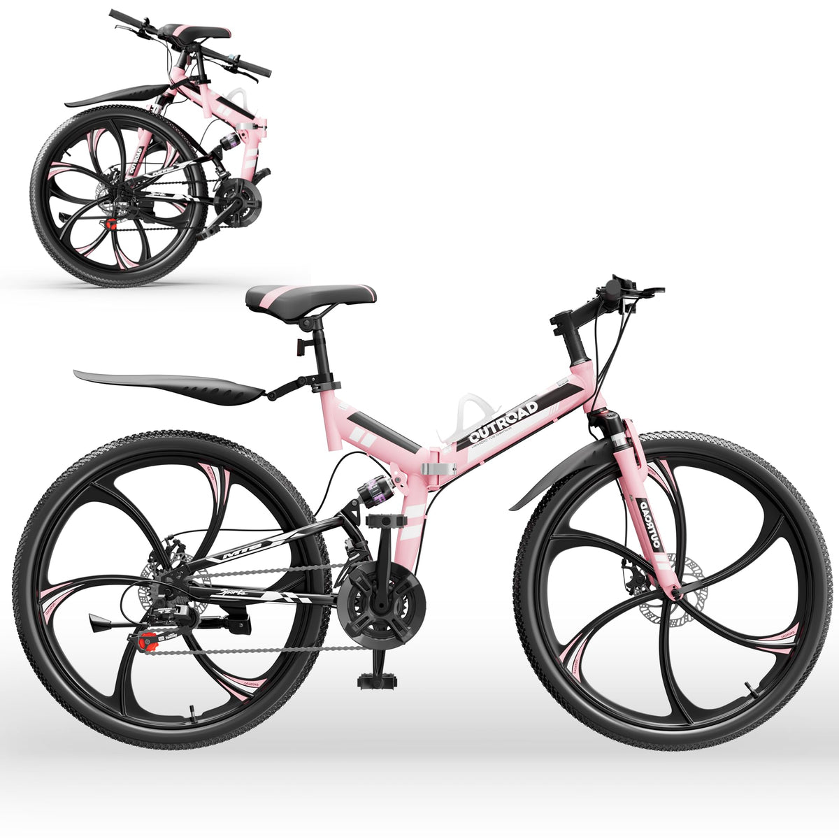Outroad 26 Inch Folding Mountain Bike for Adults/Men/Women, 21 Speed Full Suspension High-Carbon Steel MTB Foldable Bicycle, Dual Disc Brake Non-Slip Folding Bikes, Pink