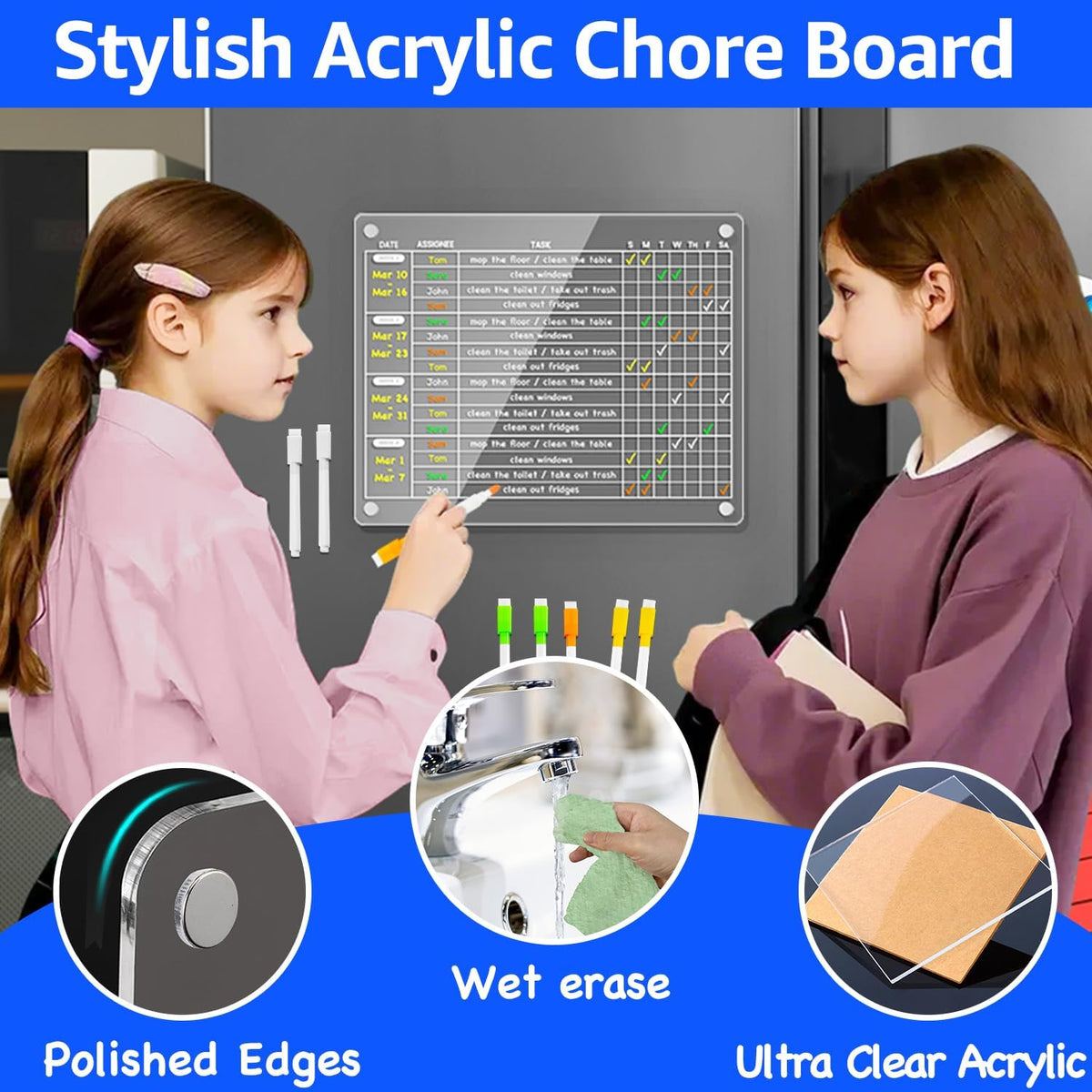 PigPotParty Acrylic Magnetic Monthly Chore Chart for Multiple Kids Roommates – 12"x9.5" Rotating Weekly Task Board for Kids Students Families, Clear Dry Erase Fridge Chart, w/ 8 Markers & 1 Towel