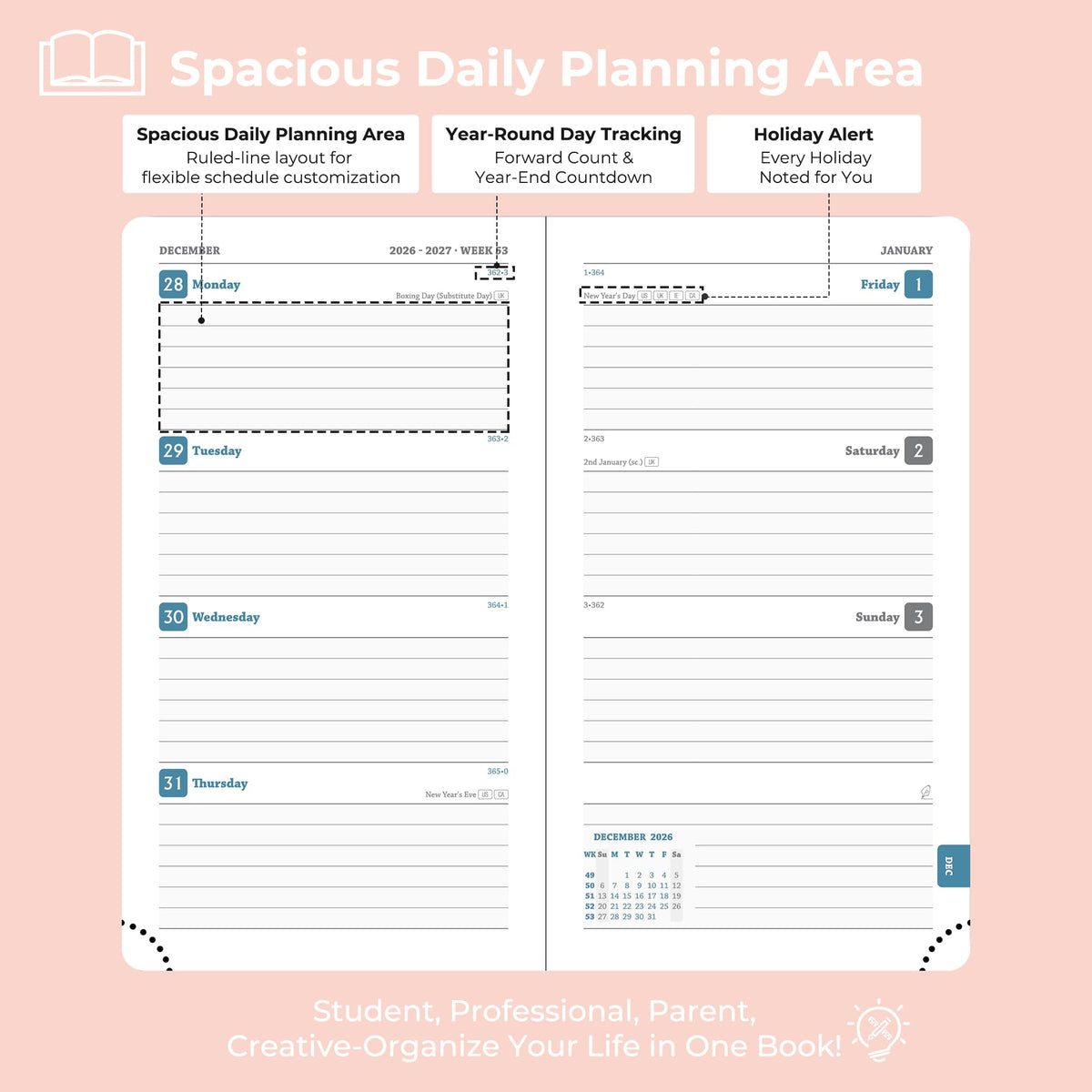 IN-LUXPRO Planner 2026-2027 Daily Weekly and Monthly,6.5"x3.75",18 Months Spiral Bound Calendar Agenda with Self-adhesive Pen Holder,2026 Academic Plan with Vegan Leather Soft Cover,Pink