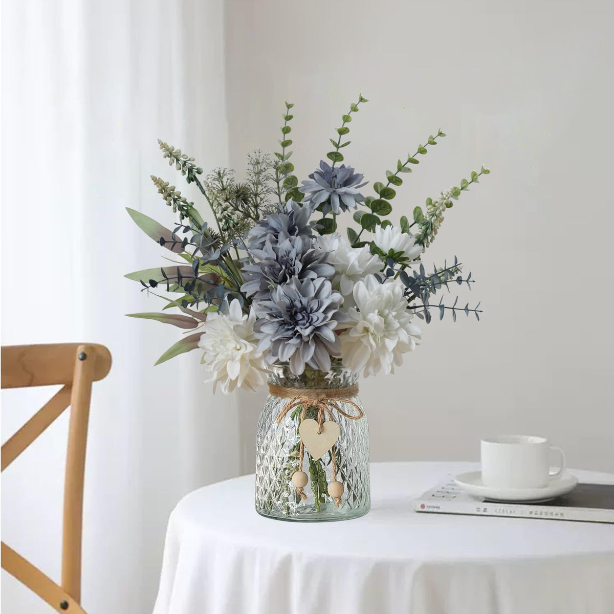 Leftover Fake Flowers with Vase,Silk Dahlia Flowers,Artificial Flowers in Vase,Centerpiece Table Decorations,Flower Centerpieces for Tables,Kitchen Table Decor,Coffee Table Decor