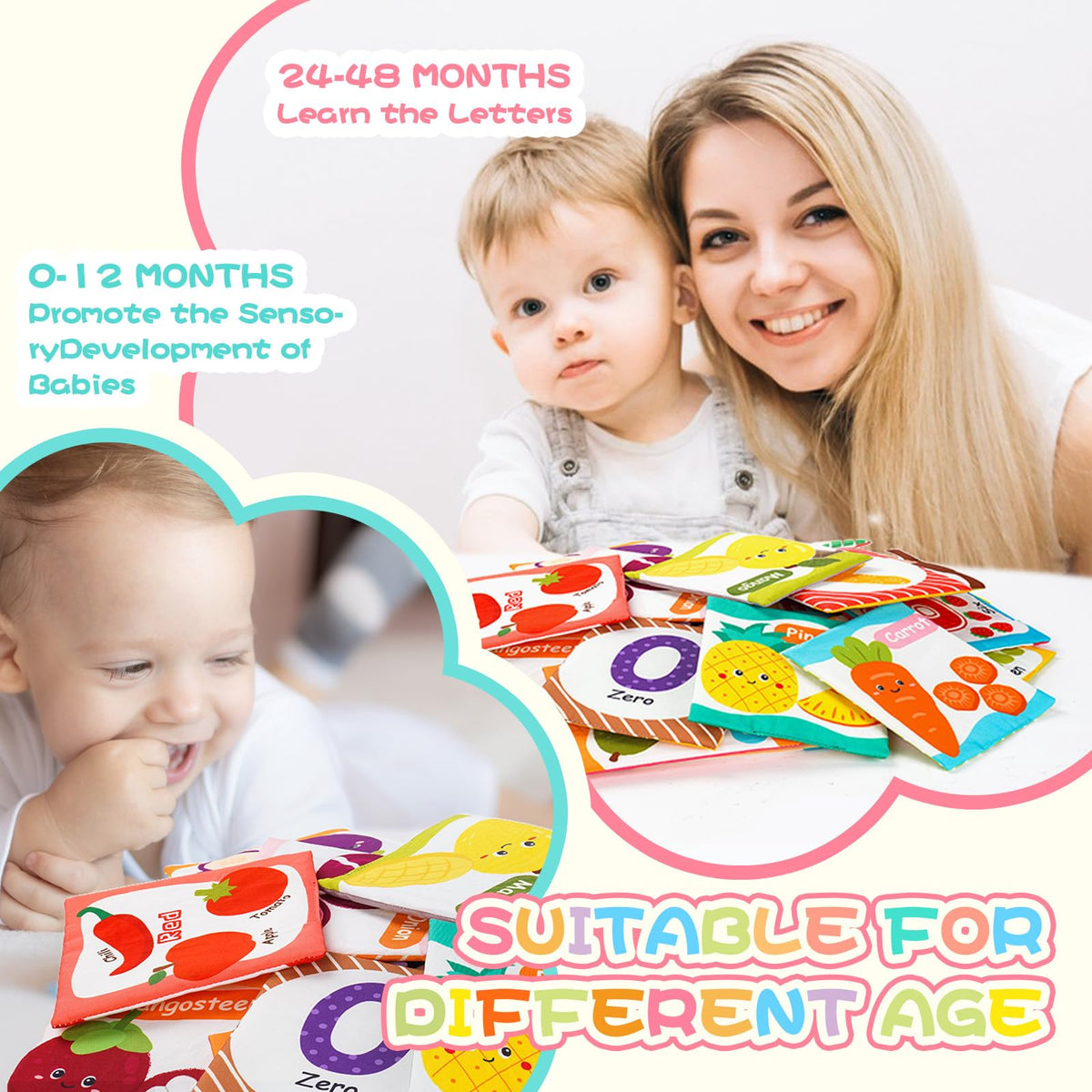 Jollybaby Reusable Soft Flash Cards for Baby 0-6-12-18 Months, Preschool Learning Resource Toys for 0-1-2-3-4 Years, Montessori Sensory Sight Words Numbers Toy - Easter Gifts for Toddler