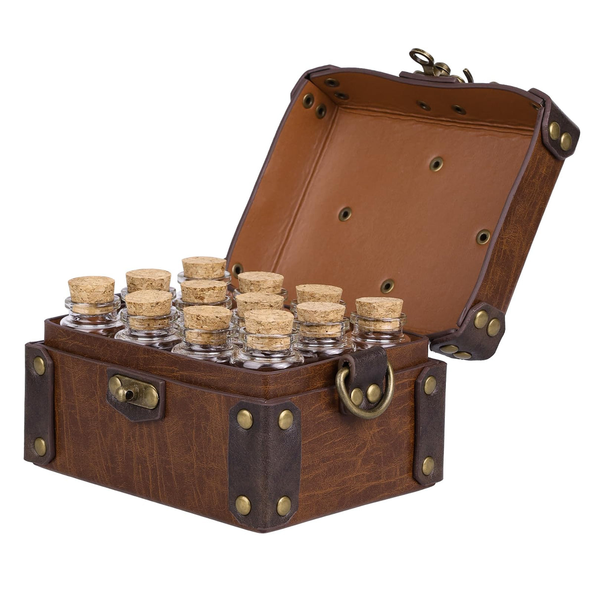HiiFeuer Medieval Faux Leather Alchemy Box with 12 Cork Potion Vials, Fantasy Portable Crossbody Bag Jewelry Dnd Dice Holder (Brown A)