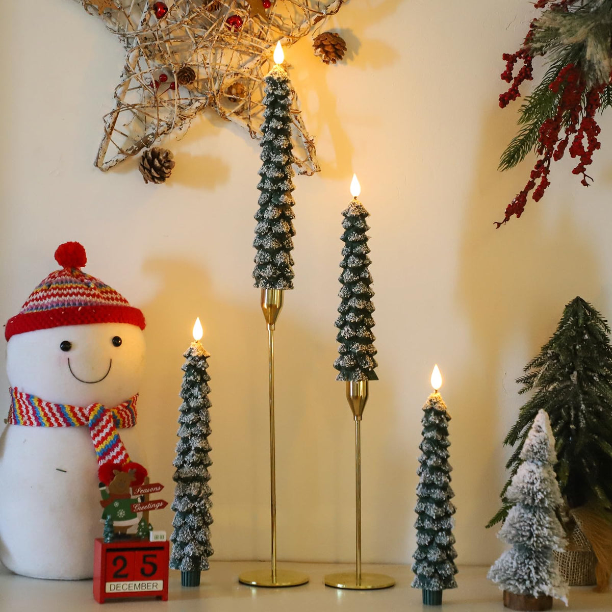 MUMCHASI 4 Pcs Flameless Taper Candles, Christmas Tree Candles with Remote, Battery Operated Candlesticks, Flickering LED Window Candlelights Real Wax Christmas Candlesticks H9.45,11.4”Green