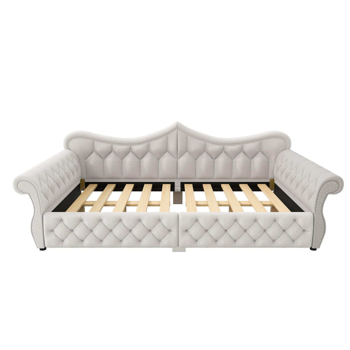 Merax Queen Size Upholstered Daybed with LED Lights & Nail Head Decoration,Convertible Sofa Bed with Tufted Diamond Upholstery,Rolled Armrests,No Box Spring Needed for Living Room,Beige