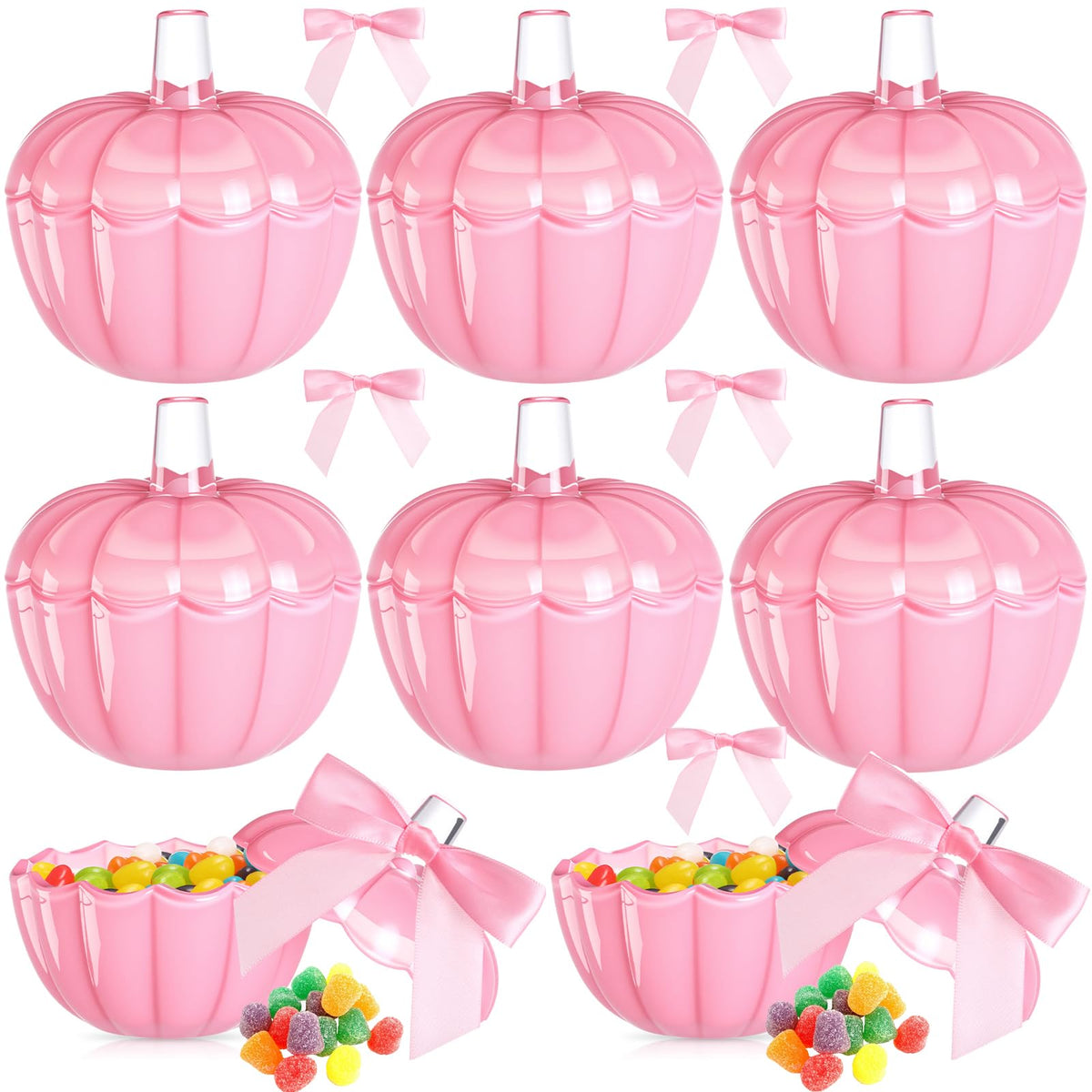 Mimorou 4 Set 4 Set Thanksgiving Candy Bowl with Lids Pink Glass Pumpkin Candy Jar with Bow for Thanksgiving Day Table Centerpiece Decoration