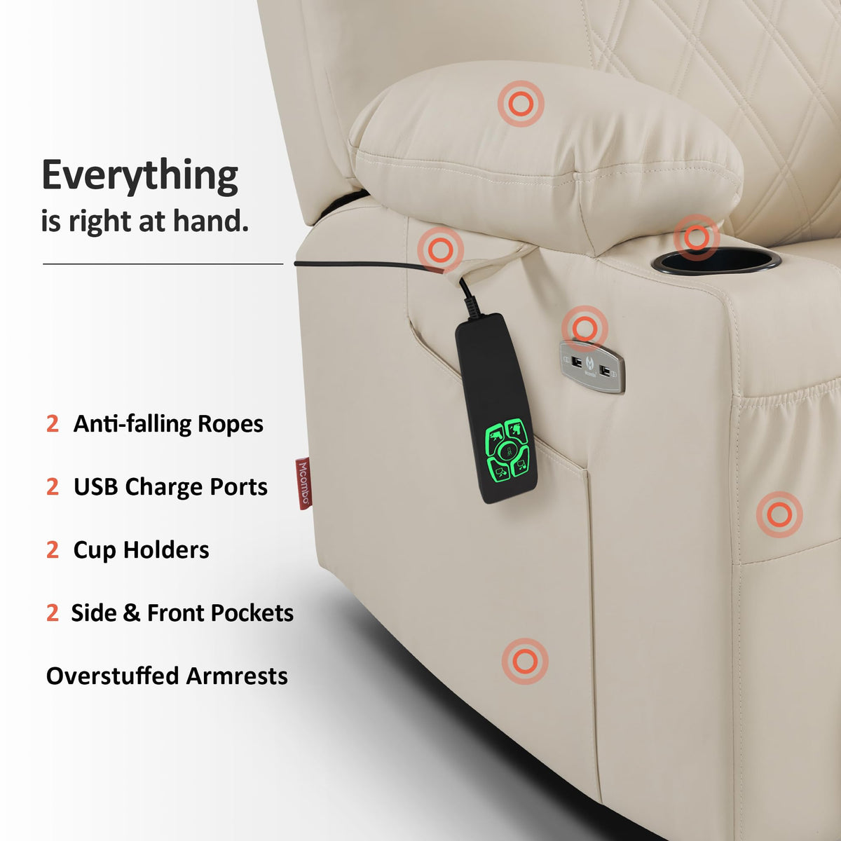 MCombo Small Power Lift Recliner Chair Sofa with Massage and Dual Heating, Adjustable Headrest for Elderly People Petite, USB Ports, Faux Leather 7111 (Cream White)