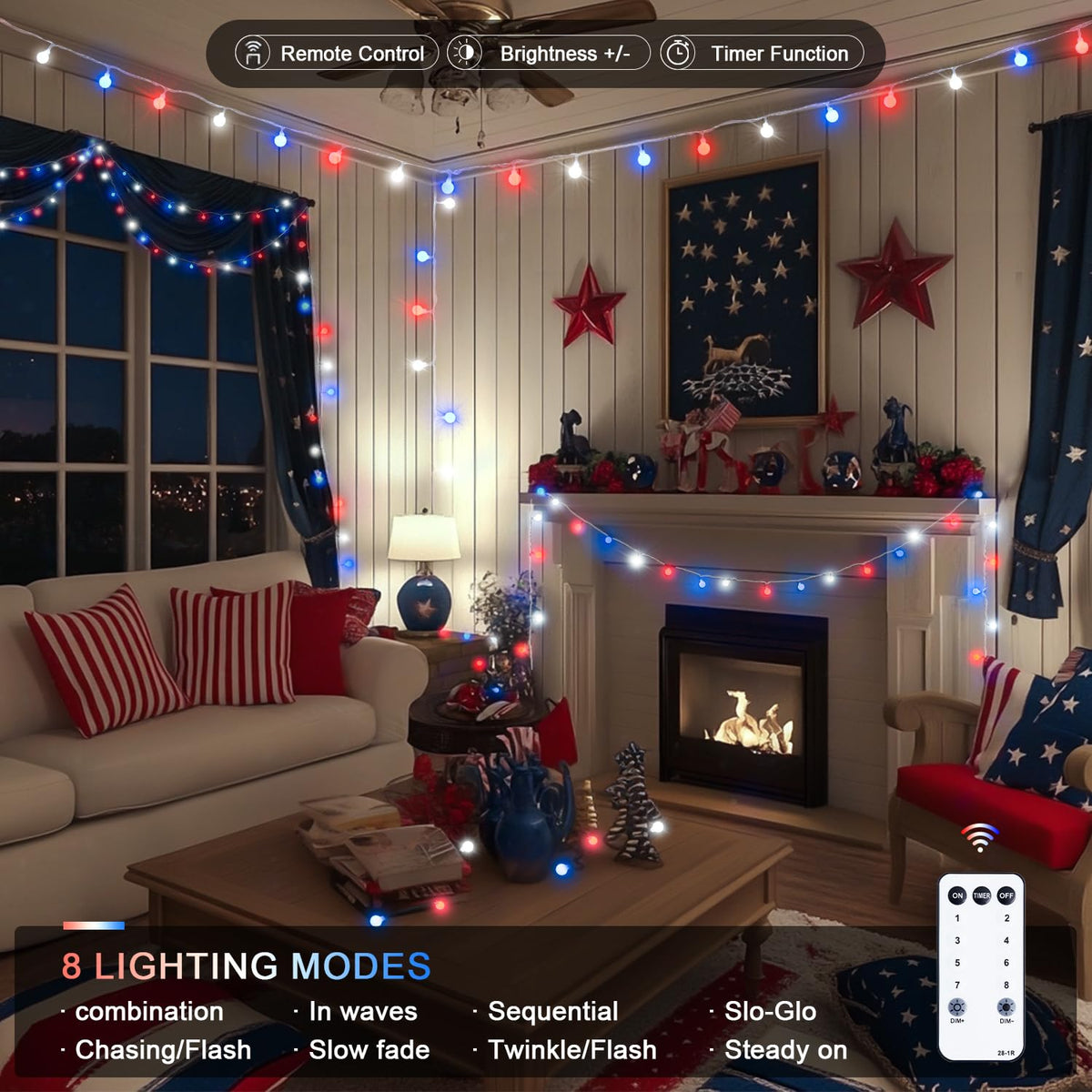 JMEXSUSS Connectable Red White and Blue Lights Indoor Outdoor, 100 LED 33ft 4th of July Decorations Light Plug in, 8 Modes Globe String Lights with Remote for Independence Day Party Patriotic Decor