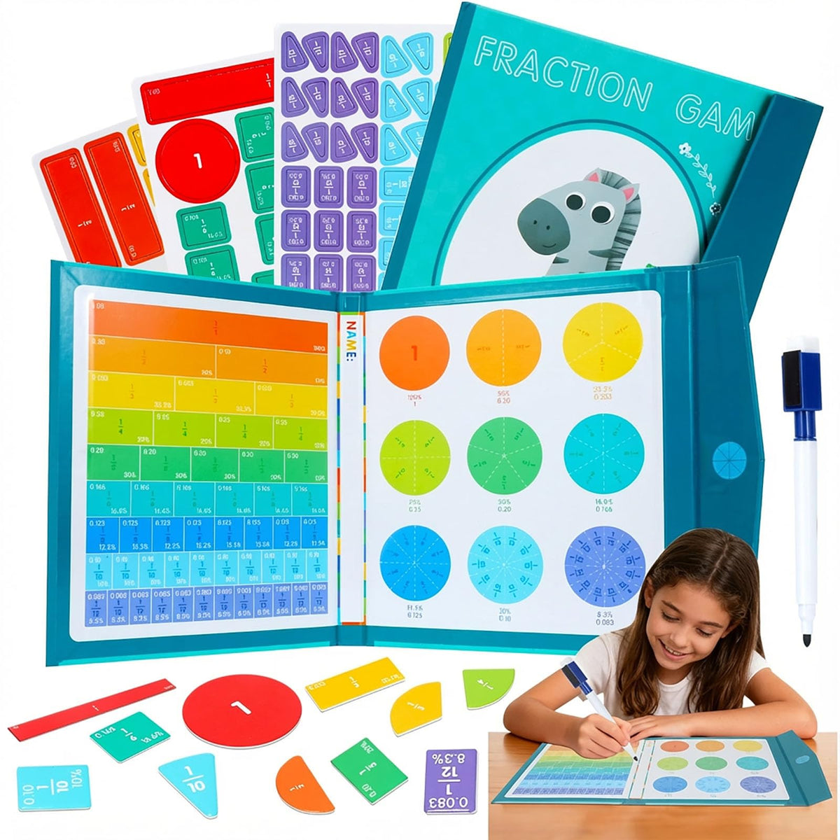Magnetic Fraction Demonstration Book, 102 Pcs Magnetic Fraction Tiles & Circles Set for Kids, Fraction Manipulatives Montessori Math Games for Elementary School
