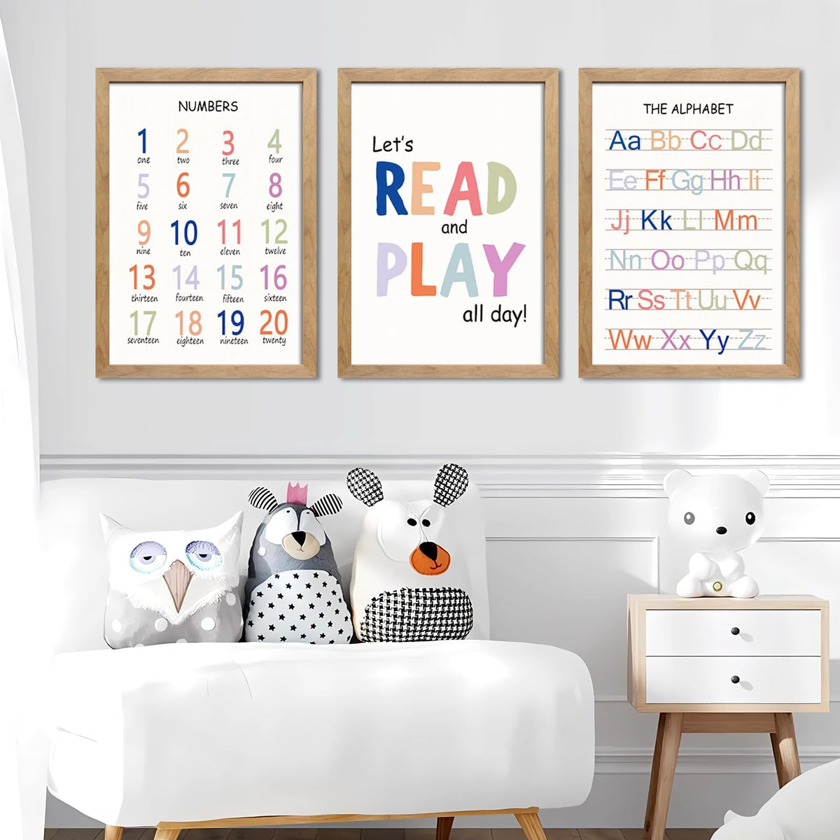 Cute Alphabet Numbers Framed Wall Art Set of 3, Boho Educational ABC Poster Wooden Sign for Baby Girl Kid Boy Toddlers, Neutral Preschool English Letters Nursery Decor for Homeschool Playroom Daycare