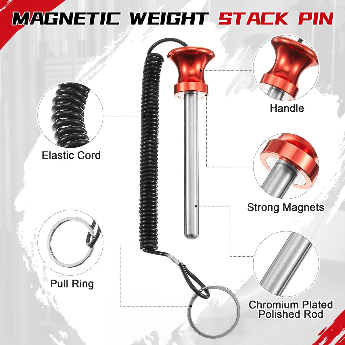 Lasnten 2 Pcs Weight Stack Pin Magnetic Universal Gym Weight Pin 0.4 inch Drop Set with Pull Rope for Plate Apertures Above 10.5 mm Heavy Duty