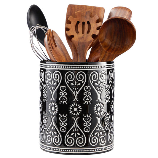 Delpnana Black Heavy Ceramic Utensil Holder, 7" Extra Large Kitchen Utensil Holder for Countertop, Cooking Ceramic Crock for Farmhouse Kitchen Decor