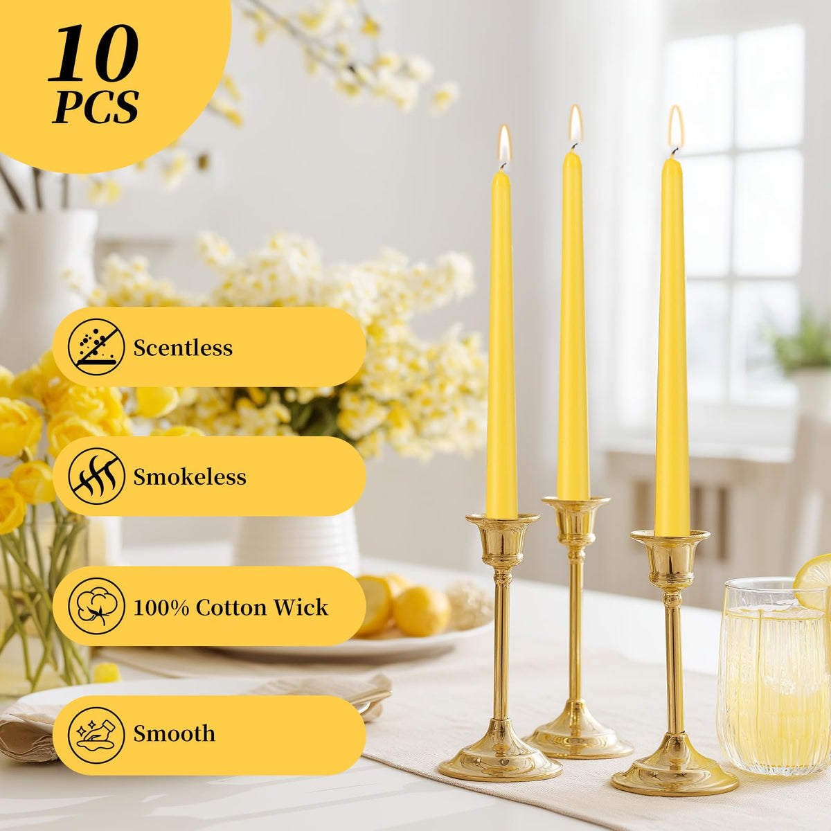 KONNI 0.87×10 Inch Yellow Taper Candles, Unscented and Smokeless Tall Candlesticks, 10 Pack Tapered Candles with Cotton Wicks, Long Burning, Ideal for Weddings, Dinner Parties, and Home Décor