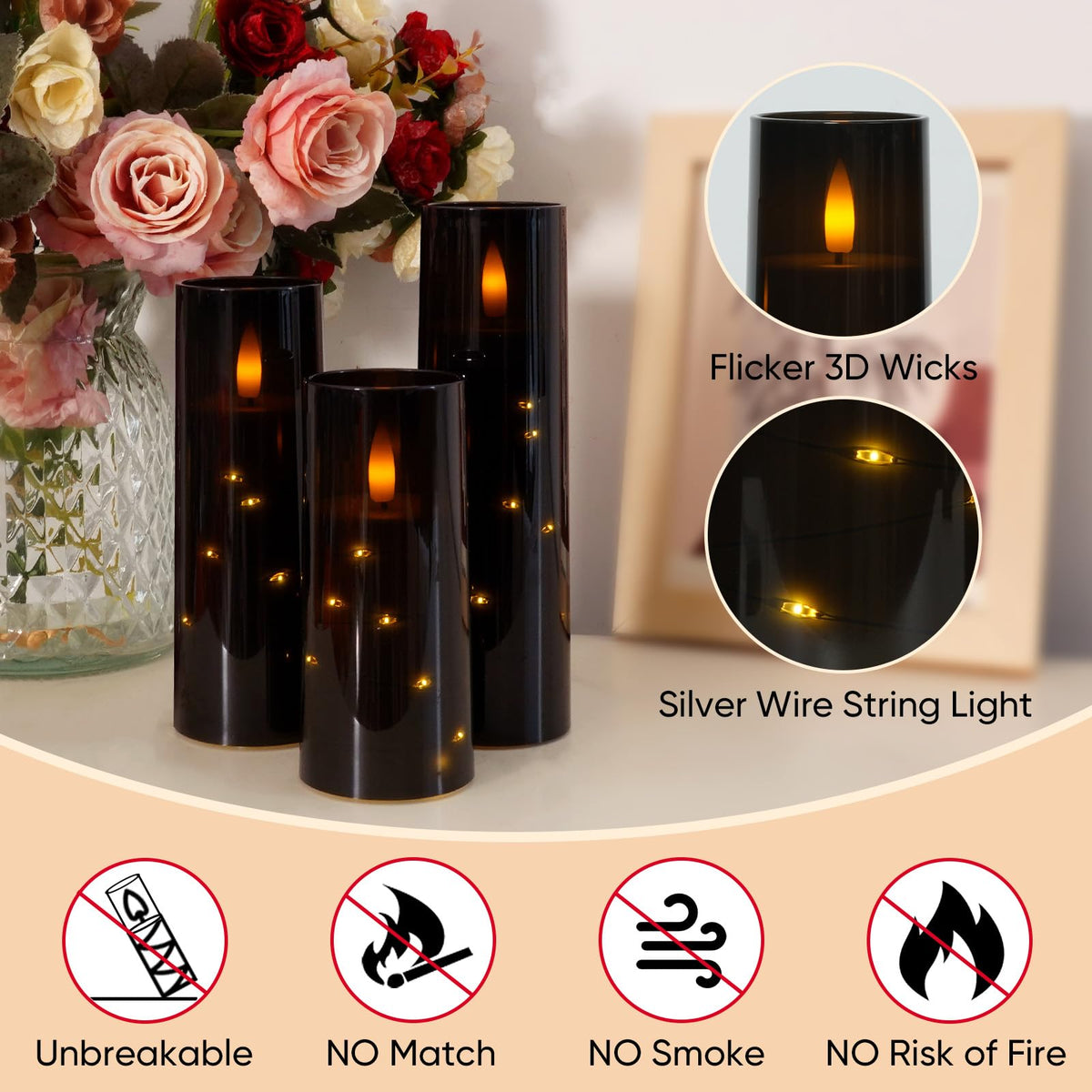 Raycare Flameless Candle with Remote Timer – 9 Flickering Acrylic Battery Operated LED Pillar Candles with Embedded Star String for Halloween, Home Decor, and as a Gift (Black)