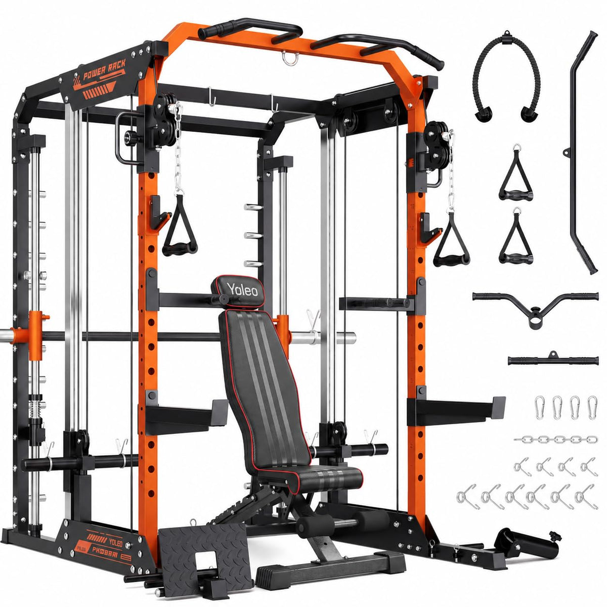 YOLEO Smith Machine with Independent Dual-Pulley System, 1800LBS Adjustable Cable Crossover Squat Rack, Multi-Functional Power Cage for Home Gym with More Workout Equipment LAT Pulldown Bar & Dip Bar