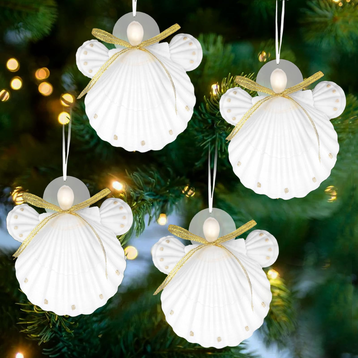Seashell Angel Ornaments - 4PCS Handmade Natural Shell Crafts for Coastal & Beach Christmas Tree Hanging Ornaments