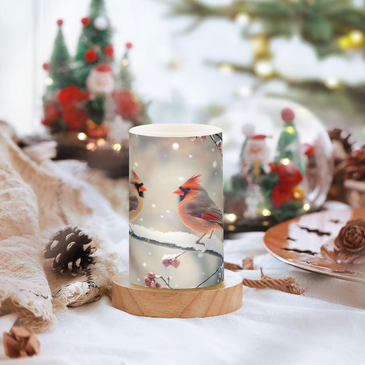 ALAZA Winter Red Birds Branch Snow Flickering Flameless Candles Battery Operated with Remote Timer,Tea Light Candles LED Pillar Votive Candles Set of 2 for Outdoor Indoor Decorations