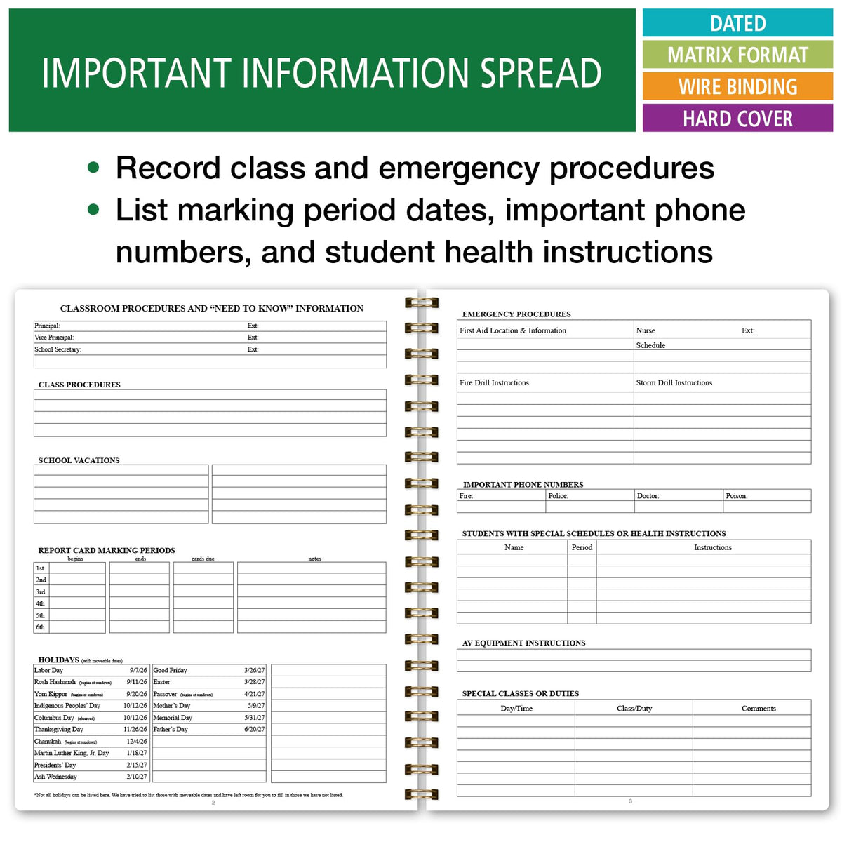 Elan Publishing Company HARDCOVER 7 Period Dated Teacher Lesson Plan; Days Horizontally Across The Top Dated for 2026-2027 Academic Year with Bonus Clip-in Bookmark (Tree Seasons)
