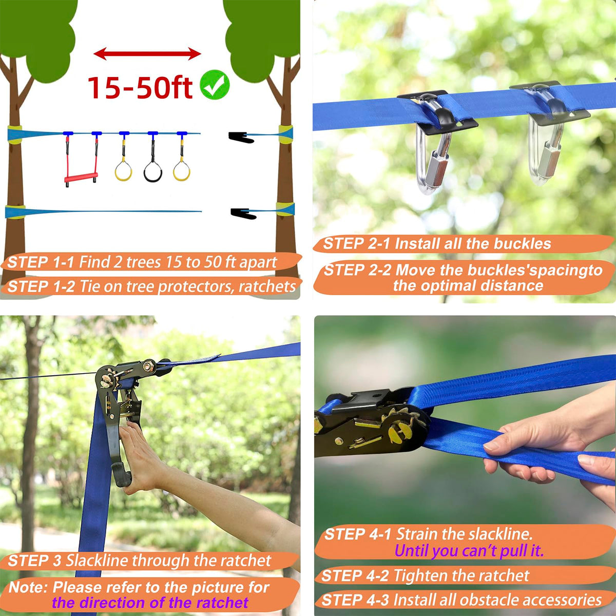 Ninja Warrior Obstacle Course for Kids - 2*56FT Slackline Kit with 8 Obstacles | Upgraded Quick-Install Buckles (No Threading Needed), 900lbs Max Load Backyard Training Gear