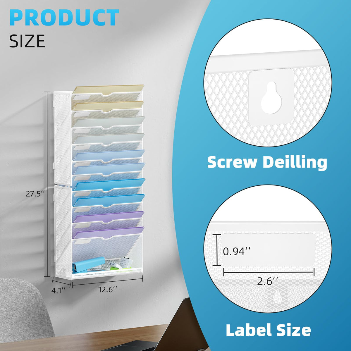 Marbrasse Wall File Holder 11-Tier Hanging Wall File Organizer, for Papers, Files Clipboard & Magazine Organizer, Wall Mount File Holder Great for Office Home (White)