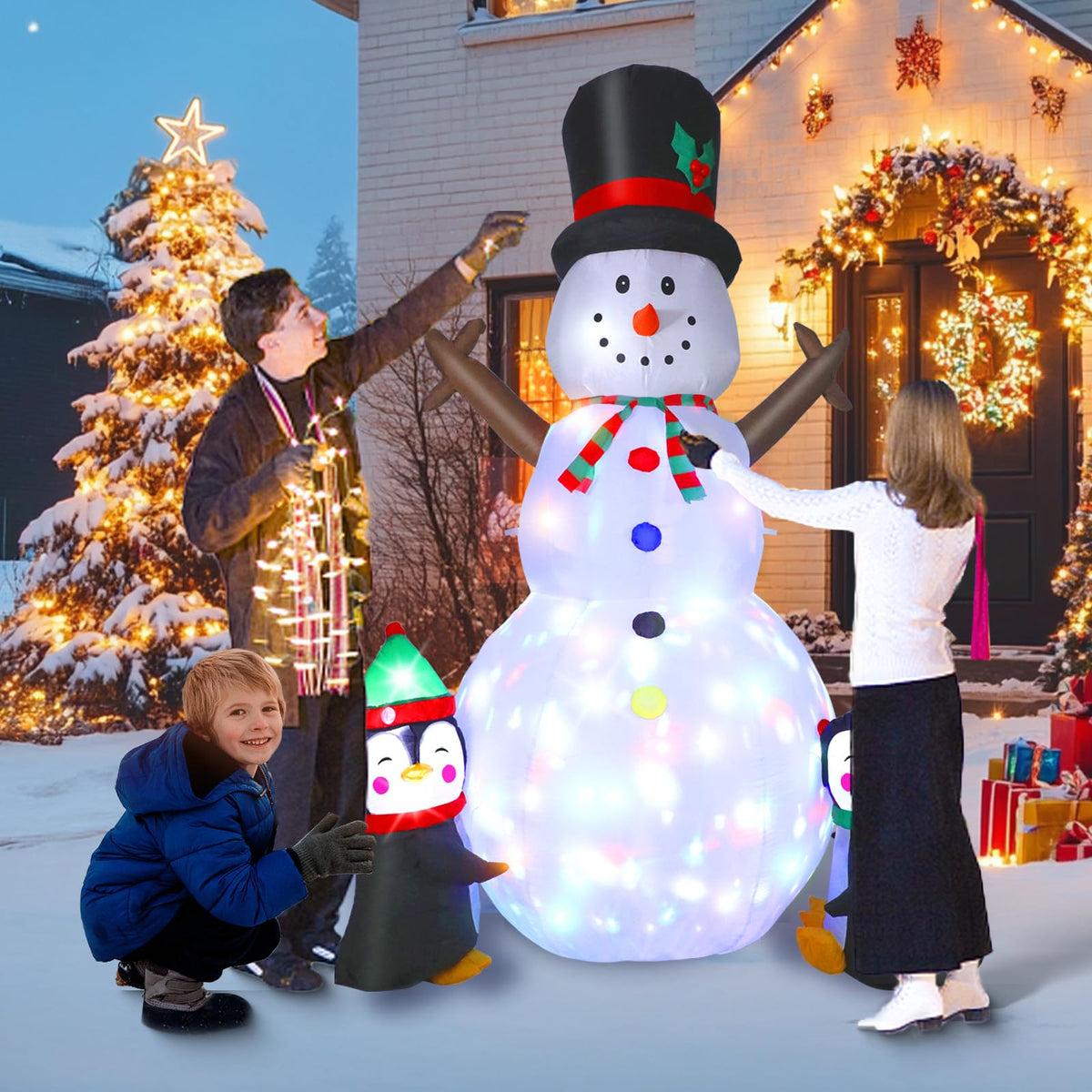 Dawdix 8FT Christmas Decs Inflatable Snowman, Christmas Blow Up Yard Decs Snowman with Penguins, Built-in Colorful Rotating LED Lights, for Holiday Xmas Party Garden, for Him, Her
