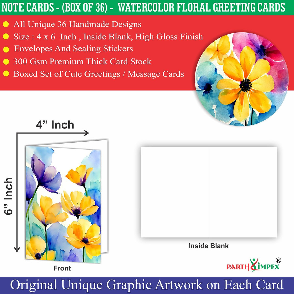 PARTH iMPEX 36 Floral Blank Note Cards With Envelopes - 4 x 6 inch All Occasion Greeting Cards, Watercolor Flowers Sympathy Thank You Notecards and Sealing Stickers