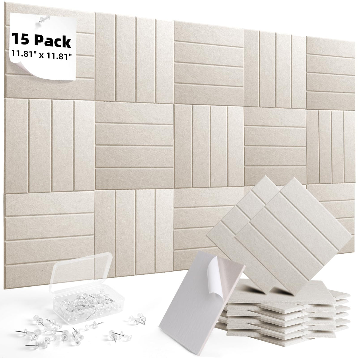 Large Felt Bulletin Board 59" x 35.5" 15 Pack Self-Adhesive Modular Felt Tiles, Cork Board Alternative for Wall, Acoustic Soundproof Panels for Home Office Classroom Decor with 50 Push Pins (Camel)