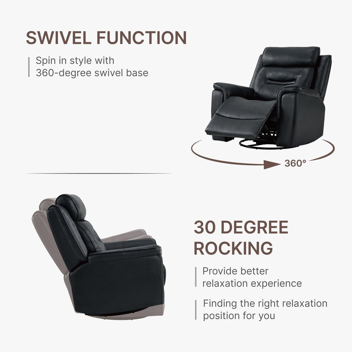 KISLOT Leather Recliner Chair, 360° Swivel Rocker for Adults Manual Rocking Reclining Chair with Adjustable Backrest Footrest for Living Room Bedroom Home Theater Seating