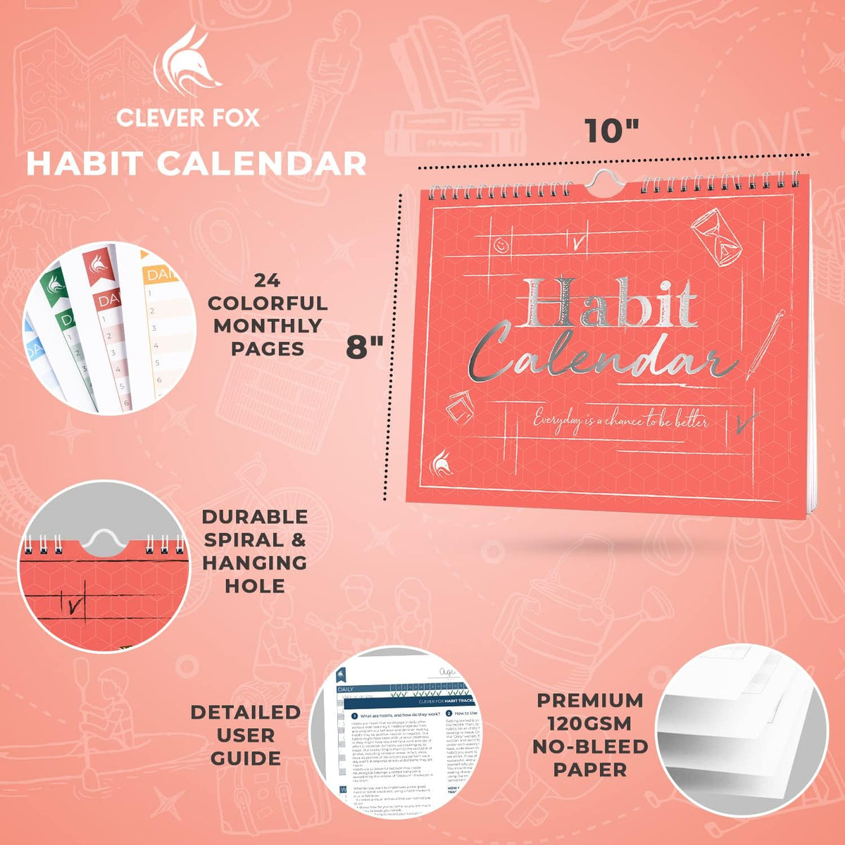 Clever Fox Habit Tracker Calendar – Inspirational Goal Tracker and Habit Calendar for Atomic Habits – Colorful Habit & Goal Planner Journal to Boost Productivity – 24 Months, 10″ x 8″ (Pink)