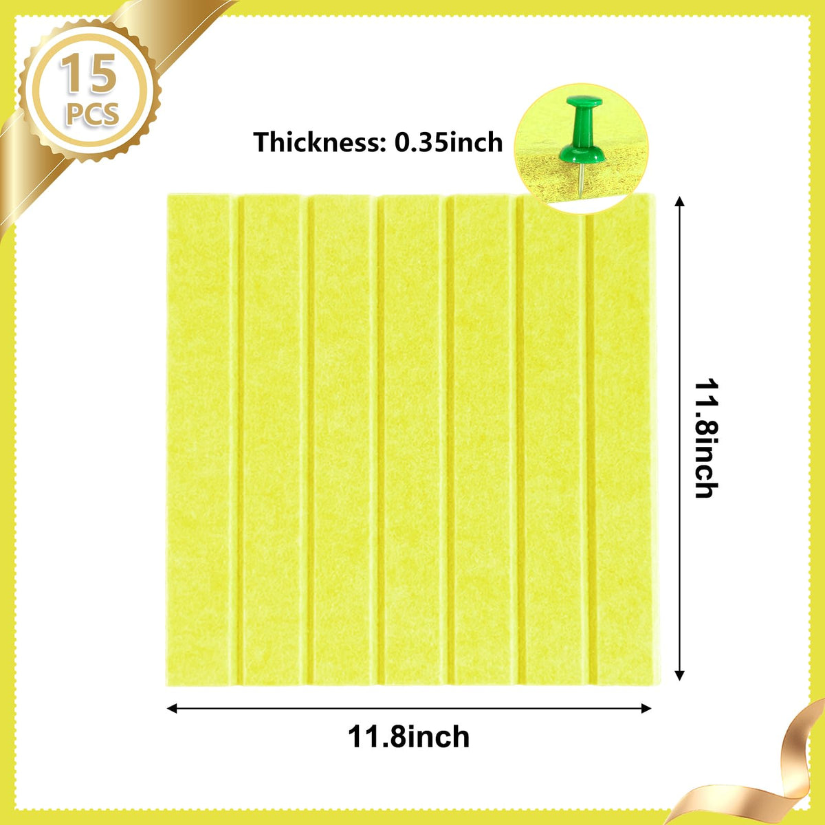 15 Pack Felt Bulletin Board, 35" x 59" Large Yellow Pinboard with 30 Push Pins, Felt Pin Board, Self-Adhesive Cork Board Tiles for Home, Office Walls, School Classroom Message Photos Display
